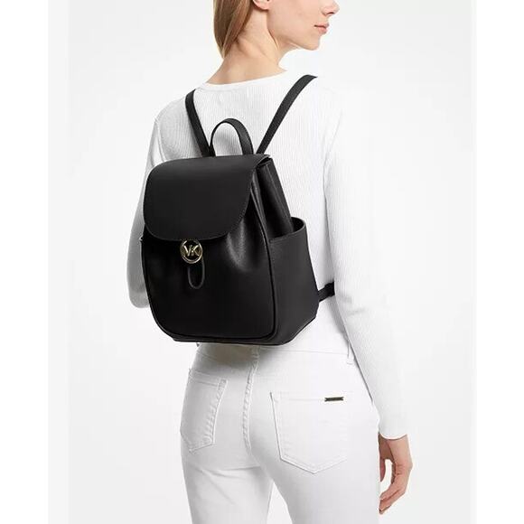 Michael Kors CHERYL Leather Drawstring Flap Logo Medium Backpack Black NWT